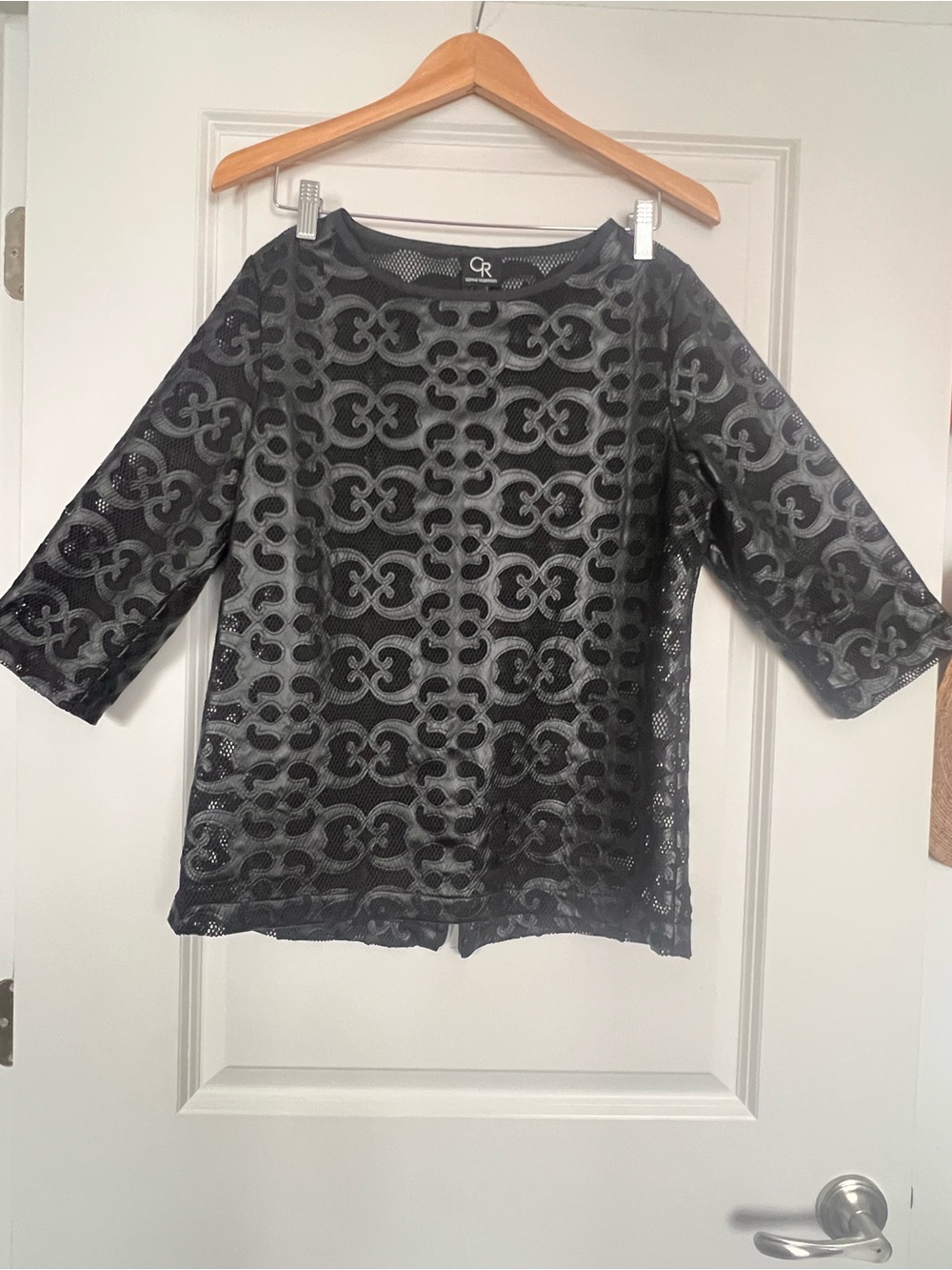 CR Black Sheer Lace-Patterned Blouse